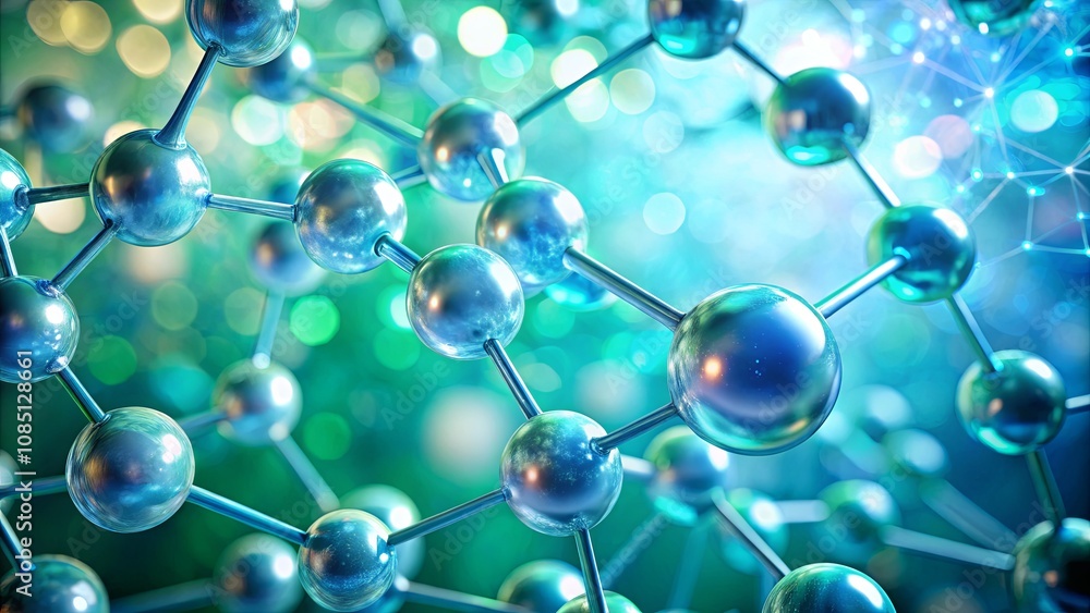 Abstract Close-Up of Molecular Structure Featuring Shiny Spheres and Fuzzy Background with Blue and Green Bokeh Effects for Scientific and Educational Purposes Abstract Close-Up of Molecular Structure Featuring Shiny Spheres and Fuzzy Background with Blue and Green Bokeh Effects for Scientific and Educational Purposes