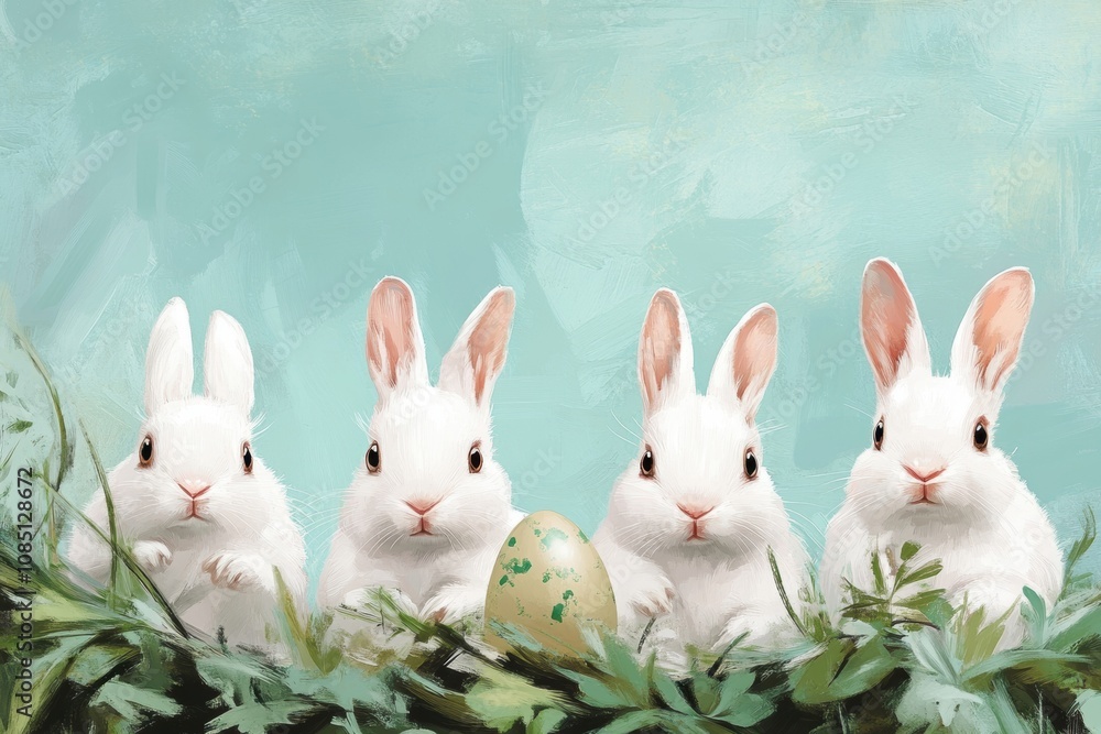 an illustration of four white rabbits sitting in a row. They are surrounded by green foliage, and there is a decorated egg nestled among the leaves in front of the rabbits an illustration of four white rabbits sitting in a row. They are surrounded by green foliage, and there is a decorated egg nestled among the leaves in front of the rabbits