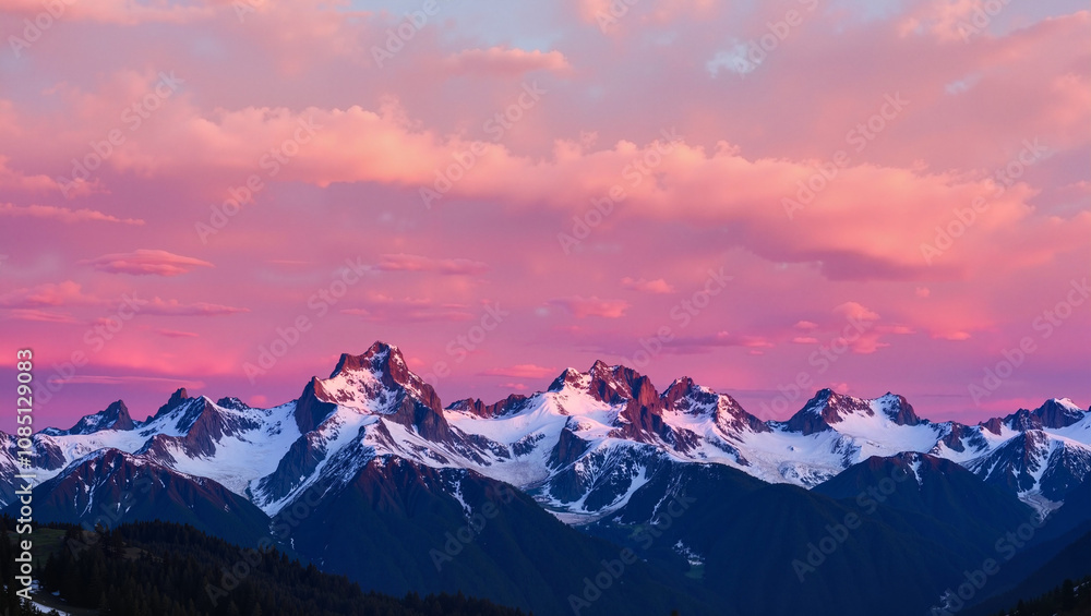Pink sunset over snowy mountain range Pink sunset over snowy mountain range