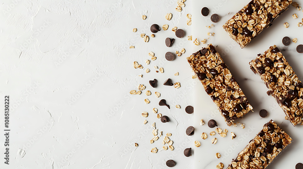 A flat lay image showcasing multiple bars made with oats, chocolate chips, and syrup arranged on a white surface, surrounded by scattered oats and chocolate chips for a vibrant display. A flat lay image showcasing multiple bars made with oats, chocolate chips, and syrup arranged on a white surface, surrounded by scattered oats and chocolate chips for a vibrant display.
