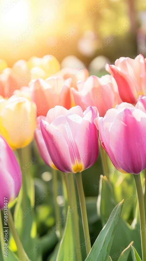 A vibrant field of tulips in full bloom, with the sun casting warm hues over their colorful petals, creating an enchanting and serene scene. A vibrant field of tulips in full bloom, with the sun casting warm hues over their colorful petals, creating an enchanting and serene scene.