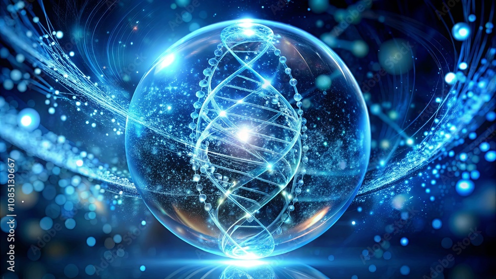 Futuristic Representation of DNA Helix Encased in Glass Sphere with Glowing Particles and Energy Waves for Science and Technology Themes Futuristic Representation of DNA Helix Encased in Glass Sphere with Glowing Particles and Energy Waves for Science and Technology Themes