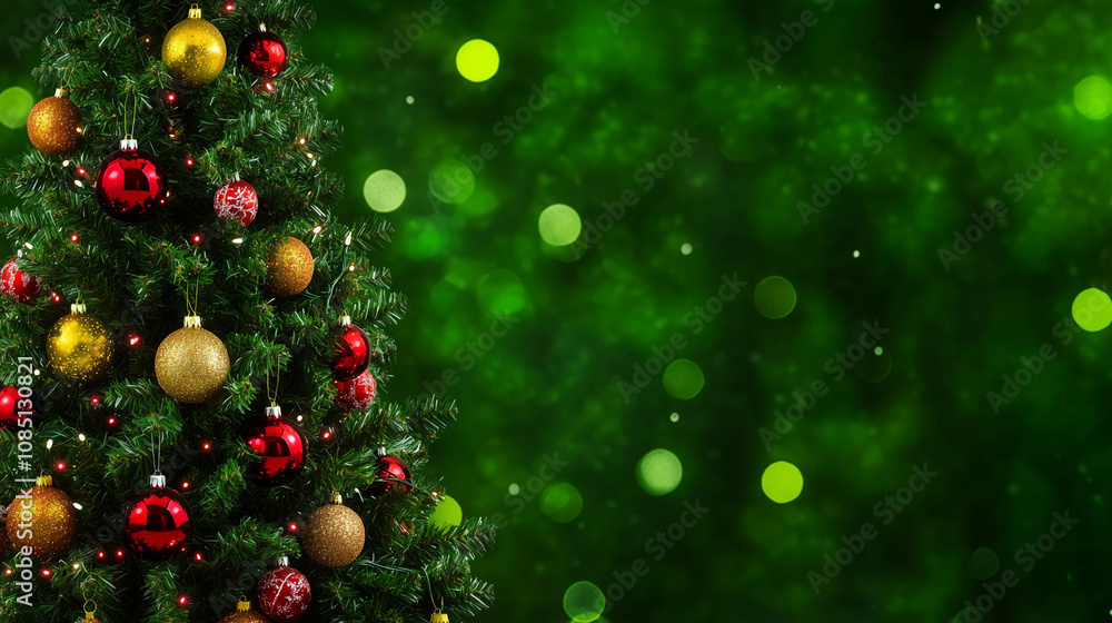 Festive Christmas tree adorned with classic red ornaments against a vibrant green backdrop, illuminated by soft, twinkling lights. Perfect for holiday banners, greeting cards, and seasonal marketing m Festive Christmas tree adorned with classic red ornaments against a vibrant green backdrop, illuminated by soft, twinkling lights. Perfect for holiday banners, greeting cards, and seasonal marketing m