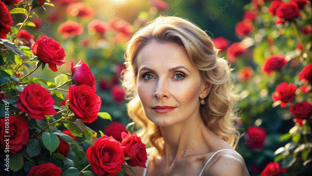Naklejka premium Elegant woman surrounded by vibrant red roses