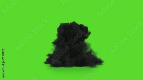Thick black smoke billowing upward on green screen, suitable for industrial themes, cinematic transitions, or intense destruction scenes requiring realistic effects.