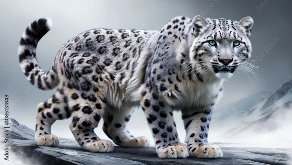 Digital rendering image of a snow leopard in a mountain environment with realistic fur texture. Ai image generated. Digital rendering image of a snow leopard in a mountain environment with realistic fur texture. Ai image generated.