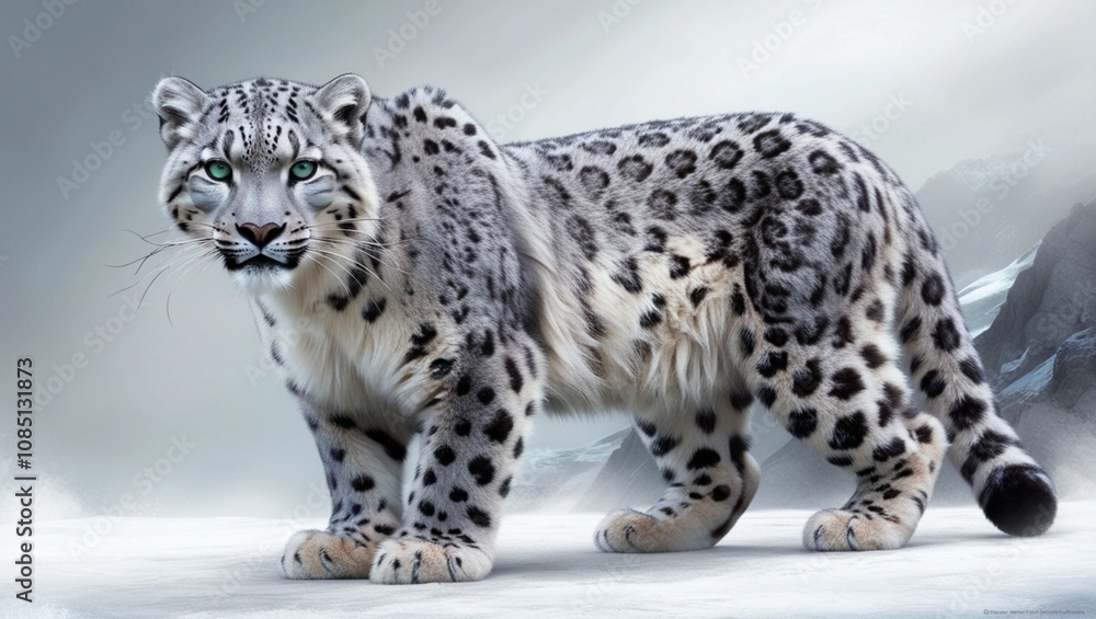 Digital rendering image of a snow leopard in a mountain environment with realistic fur texture. Ai image generated. Digital rendering image of a snow leopard in a mountain environment with realistic fur texture. Ai image generated.