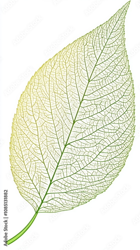 Obraz premium a single leaf with a detailed vein pattern. The leaf is elongated with a pointed tip and a slightly serrated edge. It has a light green color, with the veins being more prominent and slightly darker