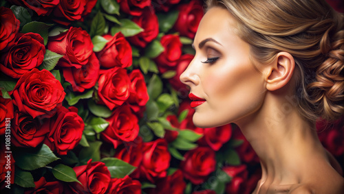 Side portrait of woman surrounded by red roses