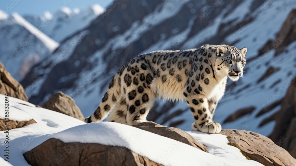 Fototapeta premium Digital rendering image of a snow leopard in a mountain environment with realistic fur texture. Ai image generated. 