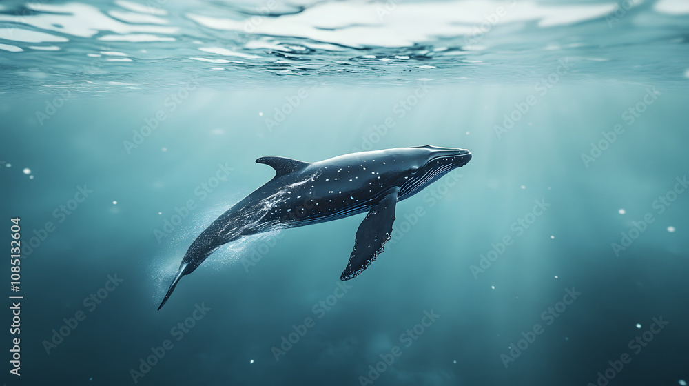 Fototapeta premium A baby whale breaching the surface of the ocean with its mother, practicing swimming skills.