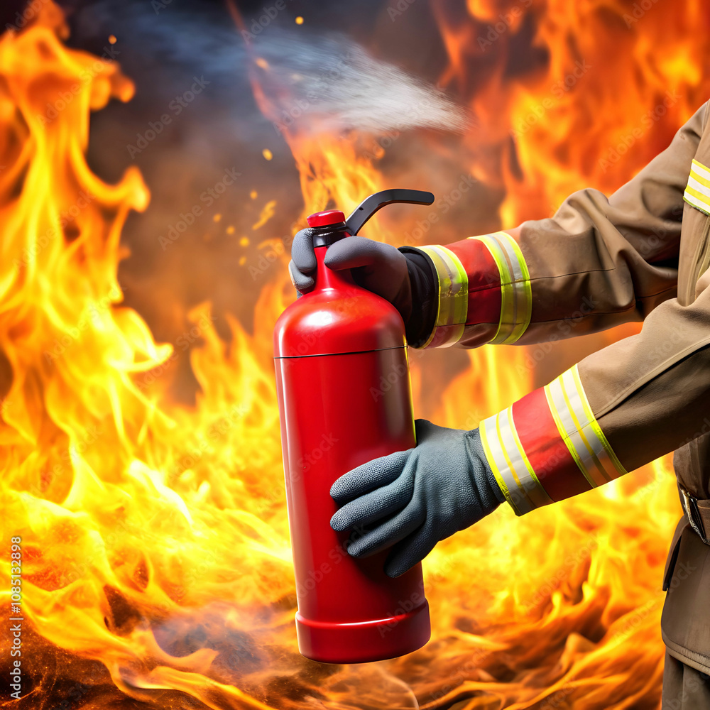 Naklejka premium fireman hand holding fire extinguisher available i