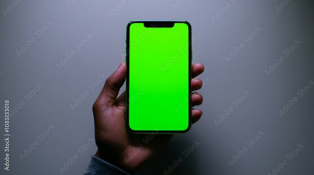 A photo of a hand holding an smartphone with the green screen flat color, set against a light gray background A photo of a hand holding an smartphone with the green screen flat color, set against a light gray background