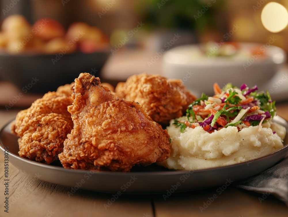 Delicious crispy fried chicken with golden skin and savory mashed potatoes home kitchen food photography cozy atmosphere comfort food Delicious crispy fried chicken with golden skin and savory mashed potatoes home kitchen food photography cozy atmosphere comfort food