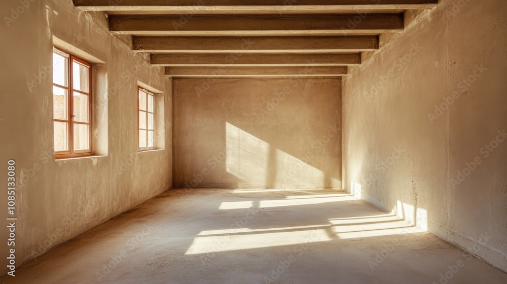 Fototapeta premium Empty room with smooth walls and ceiling after putty work in a newly constructed house