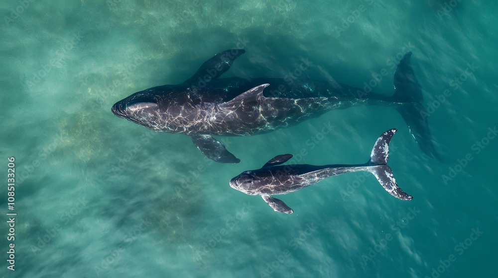 Fototapeta premium A baby whale breaching the surface of the ocean, developing swimming and communication skills.