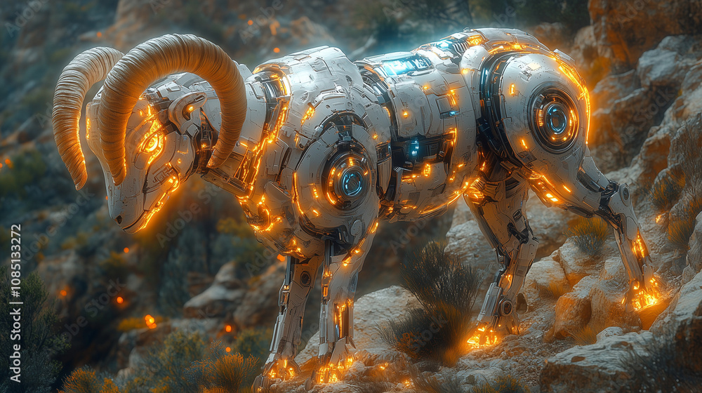 Advanced Robotic Ram with Glowing Orange Details Advanced Robotic Ram with Glowing Orange Details