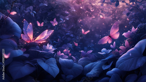 Magical butterflies with glowing wings flutter among lush, enchanted foliage under mystical twilight sky, creating serene and whimsical atmosphere
