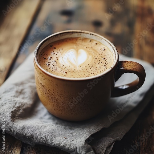 A cozy coffee cup with latte art on a rustic wooden table, perfect for inviting warm vibes into any setting. photo