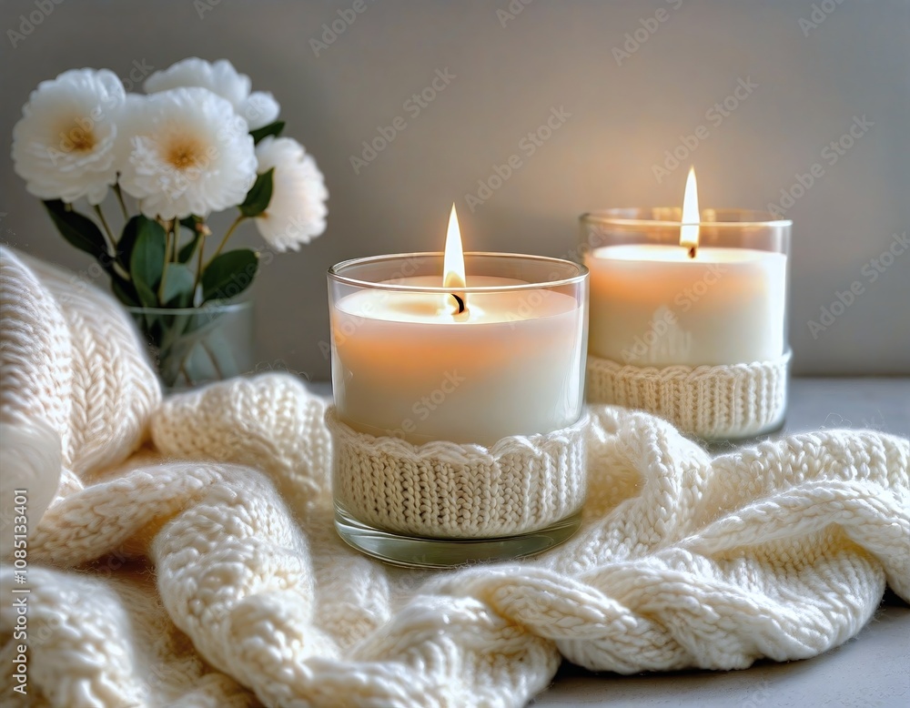 Two candles are lit in glass containers Two candles are lit in glass containers