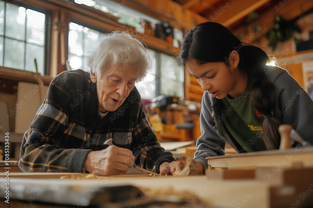 Fototapeta premium In a bright workshop filled with natural light, a senior non-binary individual guides a young adult in woodworking, demonstrating techniques and sharing knowledge