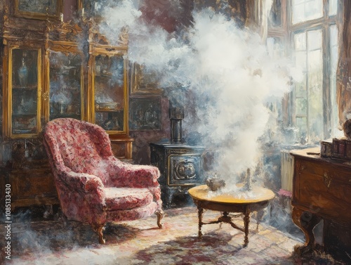 A cozy vintage room featuring a pink armchair, antique furniture, and wisps of smoke, creating an atmosphere of nostalgia and tranquility. photo