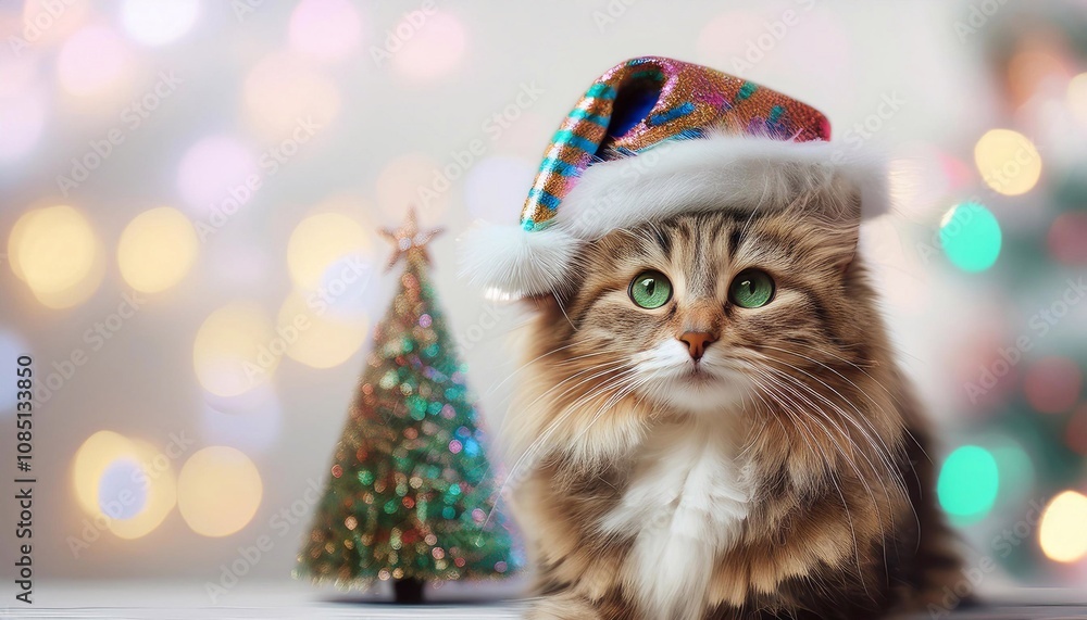 Cute fluffy cat in a festive hat on a bright background, Christmas concept Cute fluffy cat in a festive hat on a bright background, Christmas concept