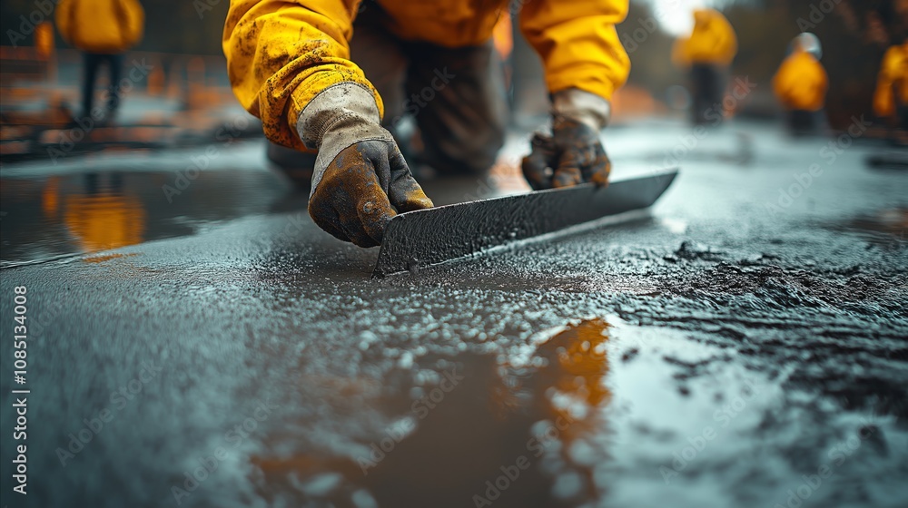 A construction worker smooths wet concrete with a tool, wearing gloves and a yellow jacket A construction worker smooths wet concrete with a tool, wearing gloves and a yellow jacket