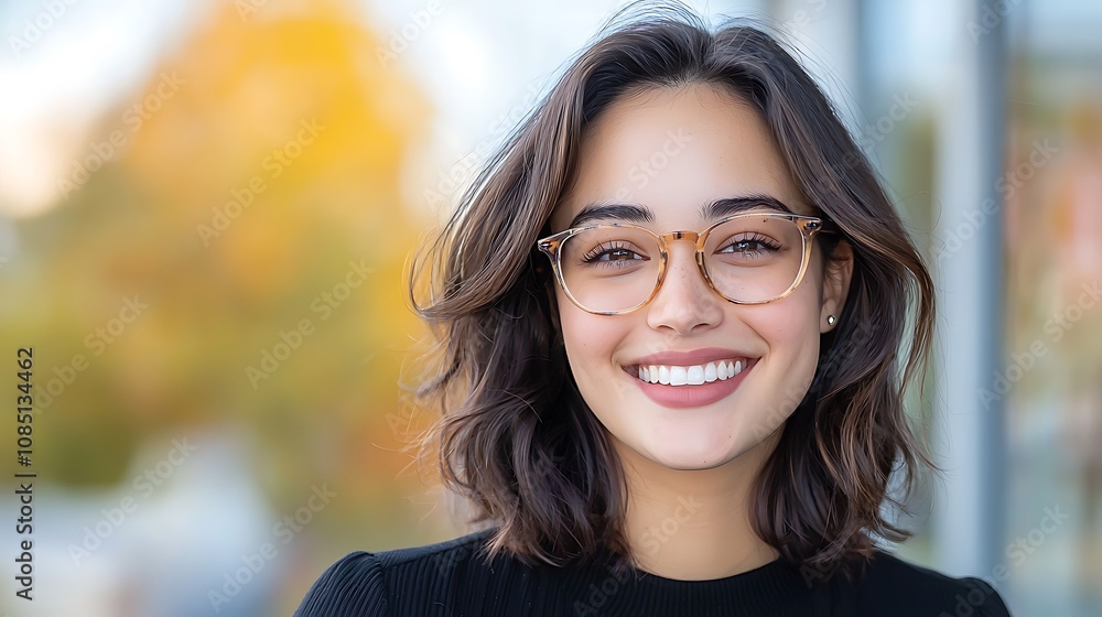 The image shows a happy, satisfied woman with shoulder length hair wearing fashionable glasses, smiling broadly as she poses outside The image shows a happy, satisfied woman with shoulder length hair wearing fashionable glasses, smiling broadly as she poses outside