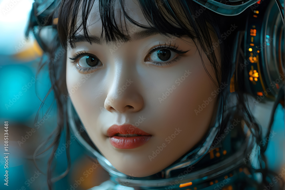 A woman with a helmet on her head and a red lipstick on her lips