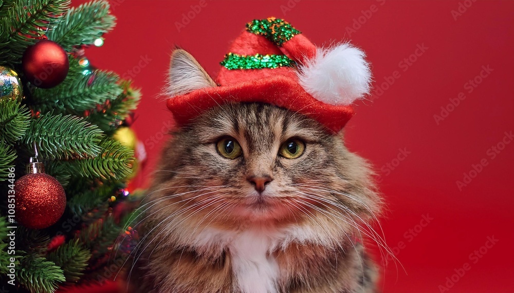 Cute fluffy cat in a festive hat on a bright background, Christmas concept Cute fluffy cat in a festive hat on a bright background, Christmas concept