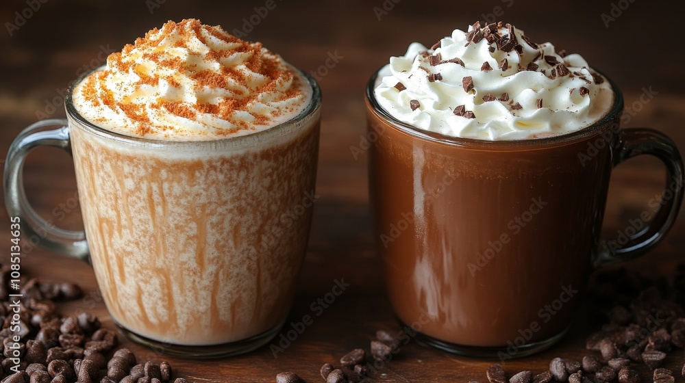 Delightful coffee drinks topped with whipped cream and chocolate shavings Delightful coffee drinks topped with whipped cream and chocolate shavings