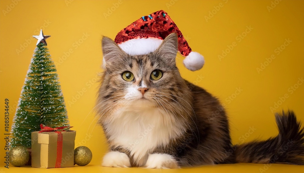 Cute fluffy cat in a festive hat on a bright background, Christmas concept Cute fluffy cat in a festive hat on a bright background, Christmas concept