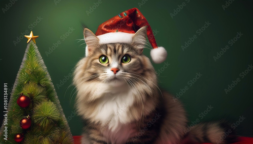 Cute fluffy cat in a festive hat on a bright background, Christmas concept Cute fluffy cat in a festive hat on a bright background, Christmas concept