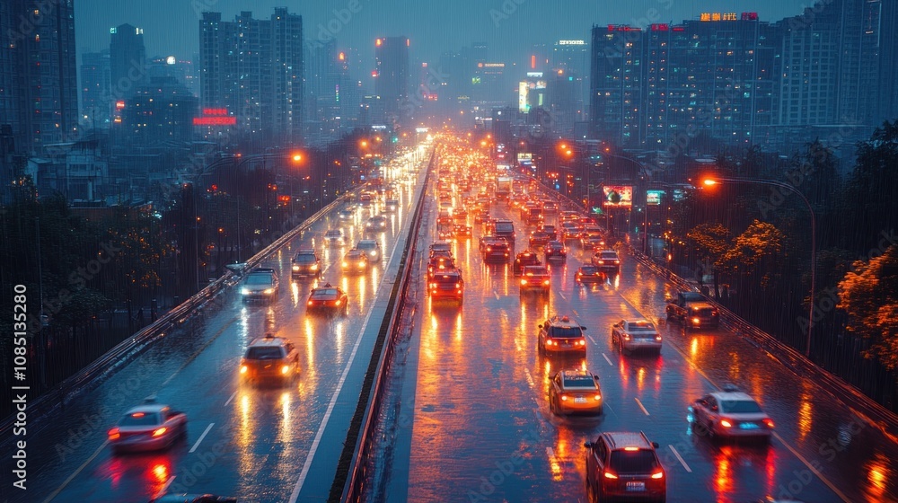Night city highway traffic jam in rain. Night city highway traffic jam in rain.