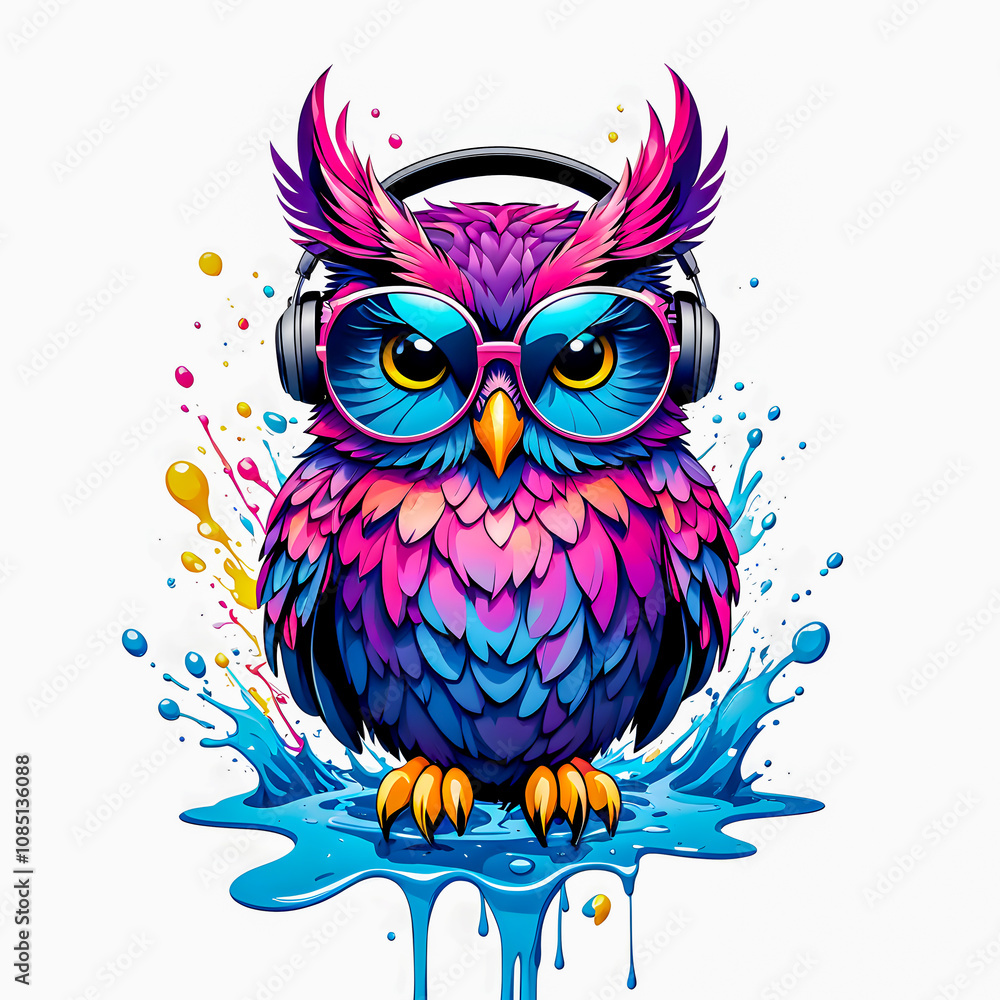 Fototapeta premium illustration of owl with headphones and sunglasses on white background. 