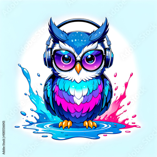 illustration of owl with headphones and sunglasses on white background.	 photo