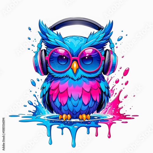 illustration of owl with headphones and sunglasses on white background.	 photo