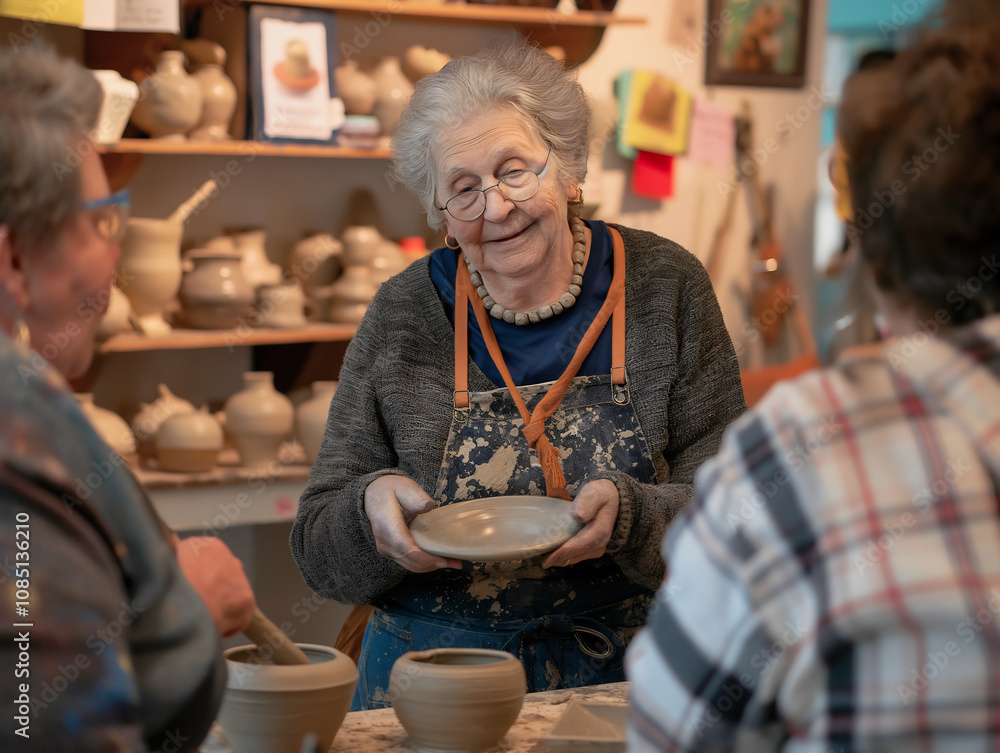 An elderly transgender woman shares her passion for pottery while guiding adults in a lively creative workshop, encouraging natural interaction and artistic expression An elderly transgender woman shares her passion for pottery while guiding adults in a lively creative workshop, encouraging natural interaction and artistic expression