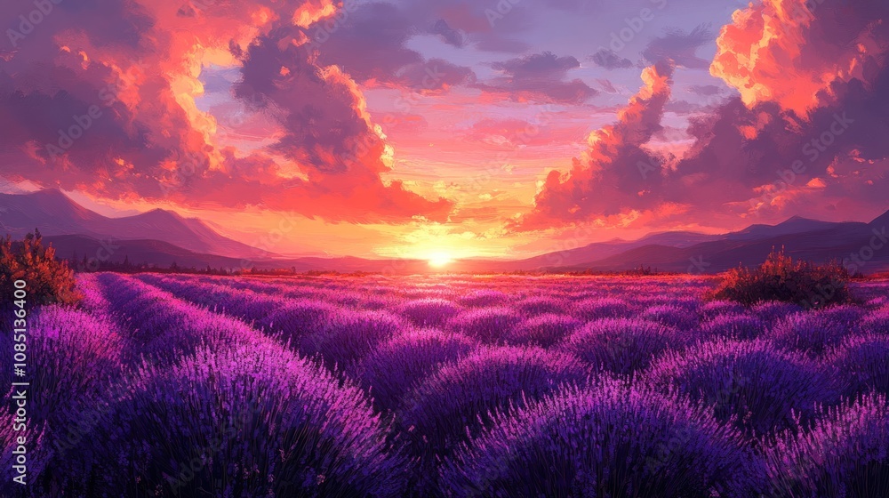 Fototapeta premium Vibrant sunset over sprawling lavender field.