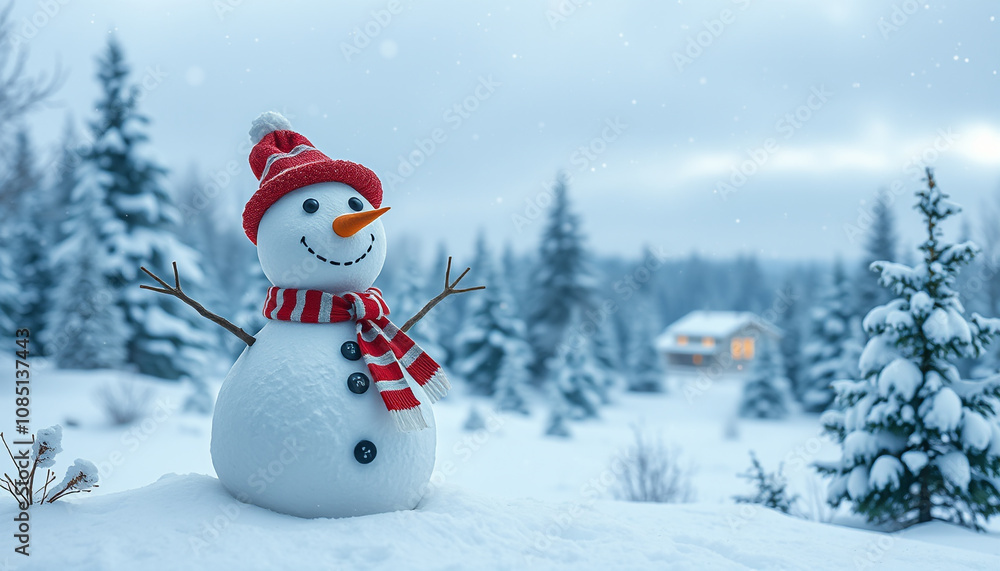 Fototapeta premium A festive snowman, adorned with a hat and scarf, stands cheerfully amidst a snowy winter forest
