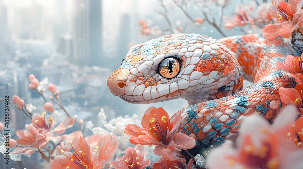 Elegant and modern Chinese New Year design for 2025, showcasing the snake symbol in red, gold, and white colors with artistic abstract elements Elegant and modern Chinese New Year design for 2025, showcasing the snake symbol in red, gold, and white colors with artistic abstract elements