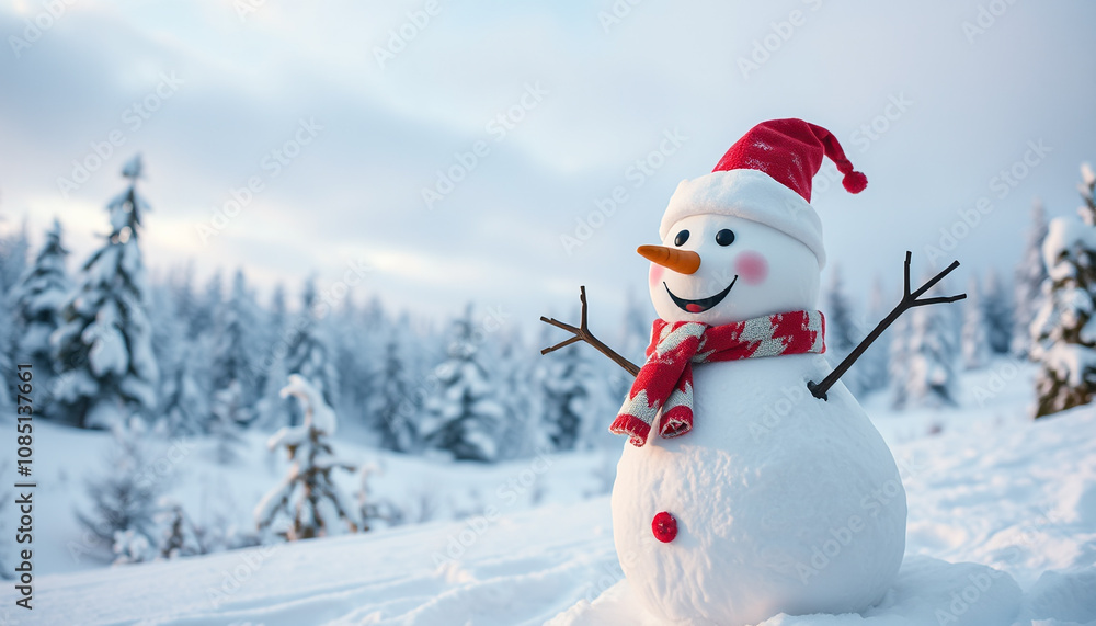 A jolly snowman, adorned with a festive hat and scarf, stands proudly amidst a winter wonderland, ready to celebrate the holiday season A jolly snowman, adorned with a festive hat and scarf, stands proudly amidst a winter wonderland, ready to celebrate the holiday season