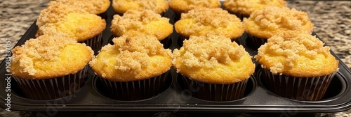 Delicious Crumble-Topped Muffins - Golden muffins, sweet crumble topping, baked to perfection. Perfect for breakfast, brunch, or dessert. Home-baked, golden, crumbly. photo