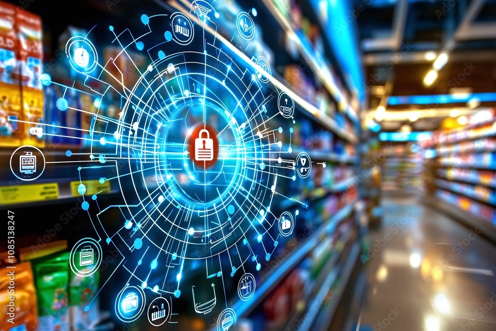 Obraz premium Supermarket Security with Digital Lock Icon