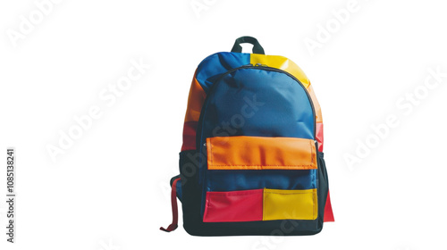 Classic school backpack with colorful school items on white transparent background

 photo