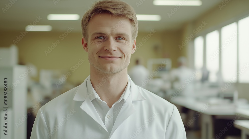 A young man in a laboratory coat smiles confidently while working in a bright, modern laboratory filled with scientific equipment and fellow researchers during the day A young man in a laboratory coat smiles confidently while working in a bright, modern laboratory filled with scientific equipment and fellow researchers during the day