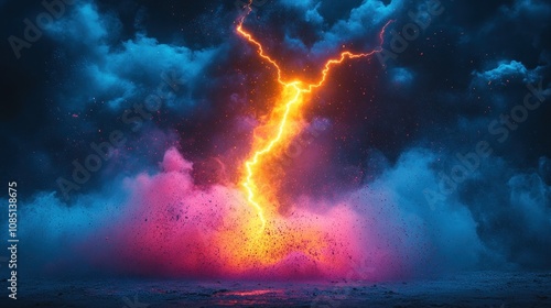 Fiery lightning strike amidst dark storm clouds.