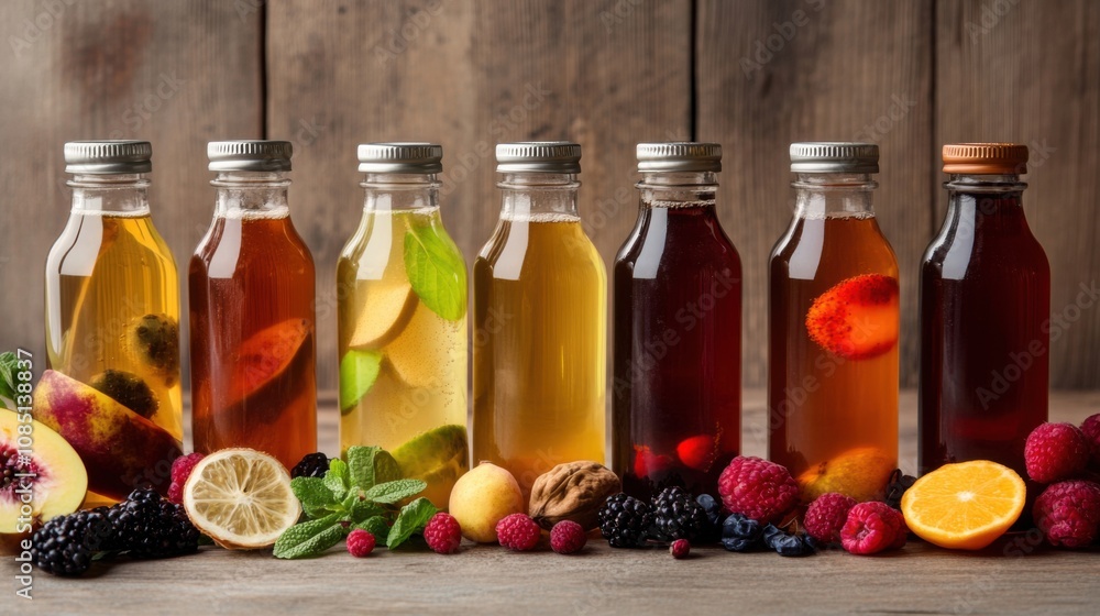 Various bottles of kombucha tea infused with fruits and berries for different flavor profiles Various bottles of kombucha tea infused with fruits and berries for different flavor profiles