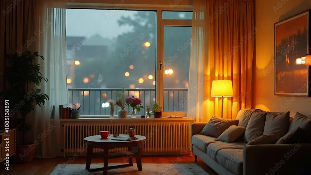 Cozy Living Room with Warm Lighting and Rainy Day View Cozy Living Room with Warm Lighting and Rainy Day View